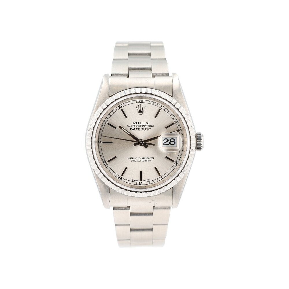 Rolex Datejust  16220 36mm Silver Index Dial Engine-Turned Bezel Oyster Band